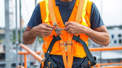 Construction Worker Inspects Safety Harness on Site