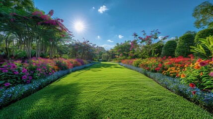 Obraz premium Lush Flower Garden Under Bright Blue Sky