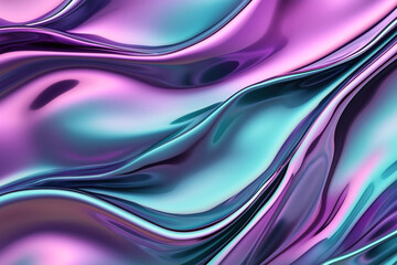 Fototapeta premium Abstract background featuring fluid, iridescent waves in vibrant purple, blue, and turquoise hues with metallic textures and smooth, flowing shapes.
