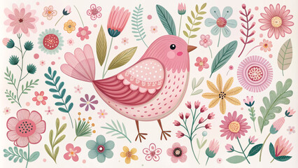 charming pink bird surrounded by variety of colorful flowers and leaves creates delightful nature scene. This whimsical illustration captures beauty of spring and joy of nature