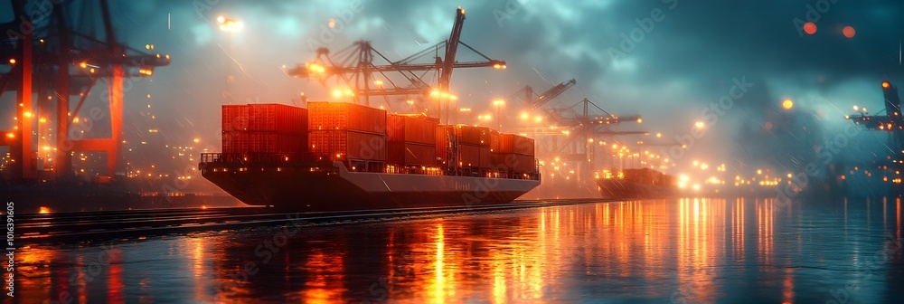 Poster panoramic view of an illuminated container cargo ship moored at a bustling seaport at night,with tow