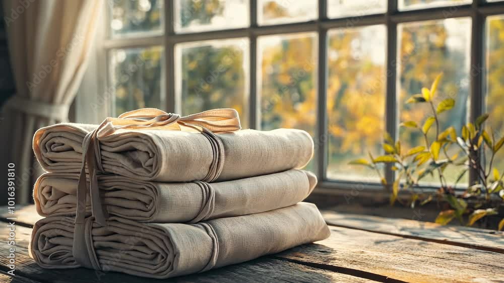Poster a stack of folded towels sits on a wooden table in front of a window with a view of fall foliage
