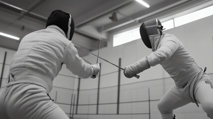 Two fencers in fencing gear are facing each other in a fencing match.