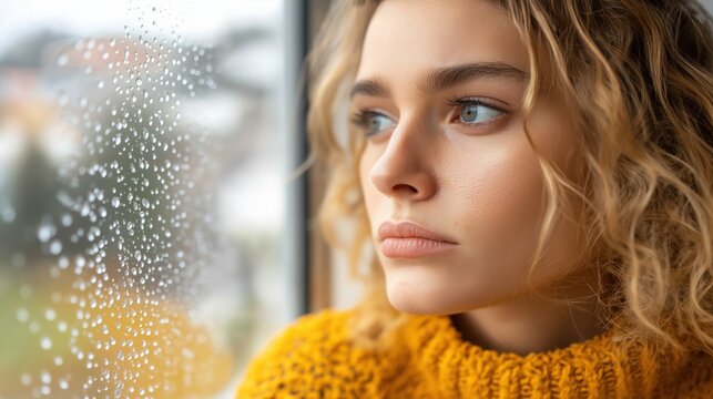Melancholische Gedanken: Frau blickt im Fr&uuml;hling durch regentropfenbedecktes Fenster