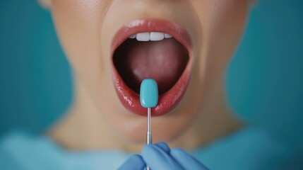 Obraz premium Closeup view of a patient s open mouth being examined with a blue tongue depressor during a dental or medical checkup or inspection Concept of oral healthcare dental hygiene and medical diagnosis