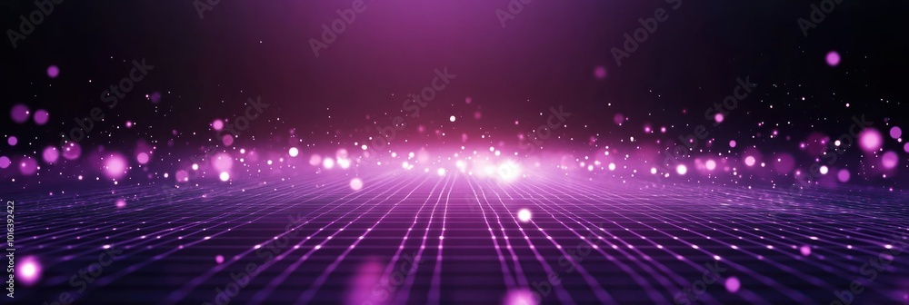 Poster a vibrant abstract background with glowing particles and a grid pattern.