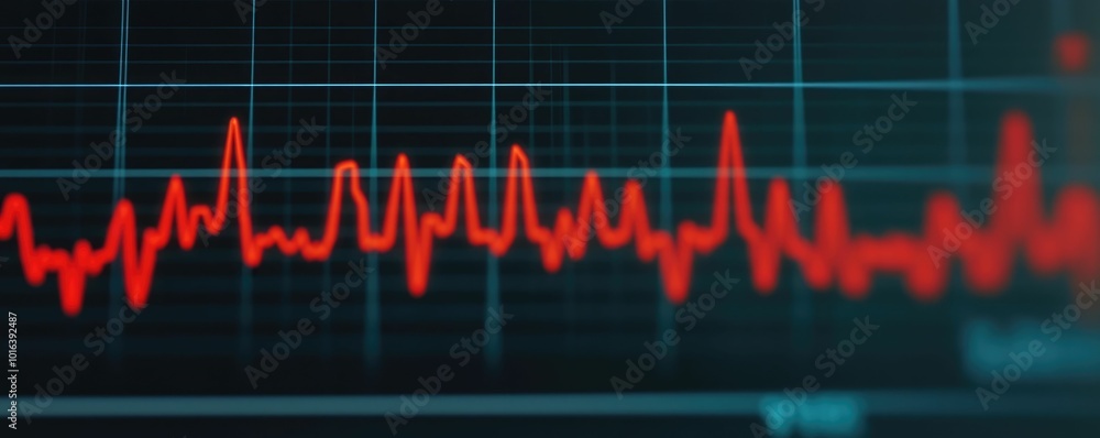 Poster close up view of heart rate monitor displaying real time cardiac rhythm and pulse readings on screen