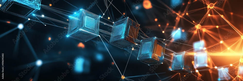 Poster a digital representation of interconnected blocks symbolizing blockchain technology.
