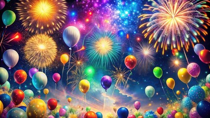 Vibrant confetti and balloons fill the air as colorful fireworks explode in the night sky, celebrating the joyful arrival of a brand new year.