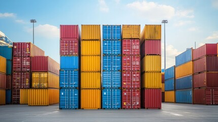 Fototapeta premium Logistics transport with stacked containers at a port terminal