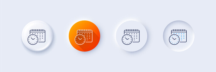 Calendar time line icon. Neumorphic, Orange gradient, 3d pin buttons. Clock sign. Watch symbol. Line icons. Neumorphic buttons with outline signs. Vector