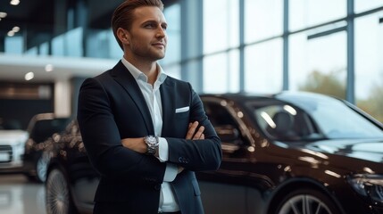 Luxury car sales manager presenting a vehicle in a showroom