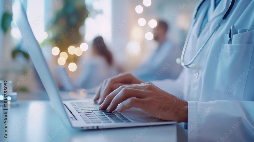 Sticker A medical professional typing on a laptop in a bright, modern healthcare environment.