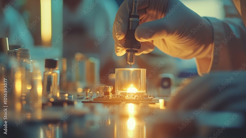 Poster a scientist conducts an experiment with glowing materials in a laboratory setting.