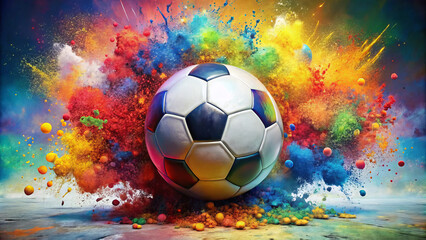 vibrant soccer ball emerges from colorful explosion of paint splatters, creating dynamic and energetic scene. vivid colors evoke excitement and creativity, perfect for sports enthusiasts