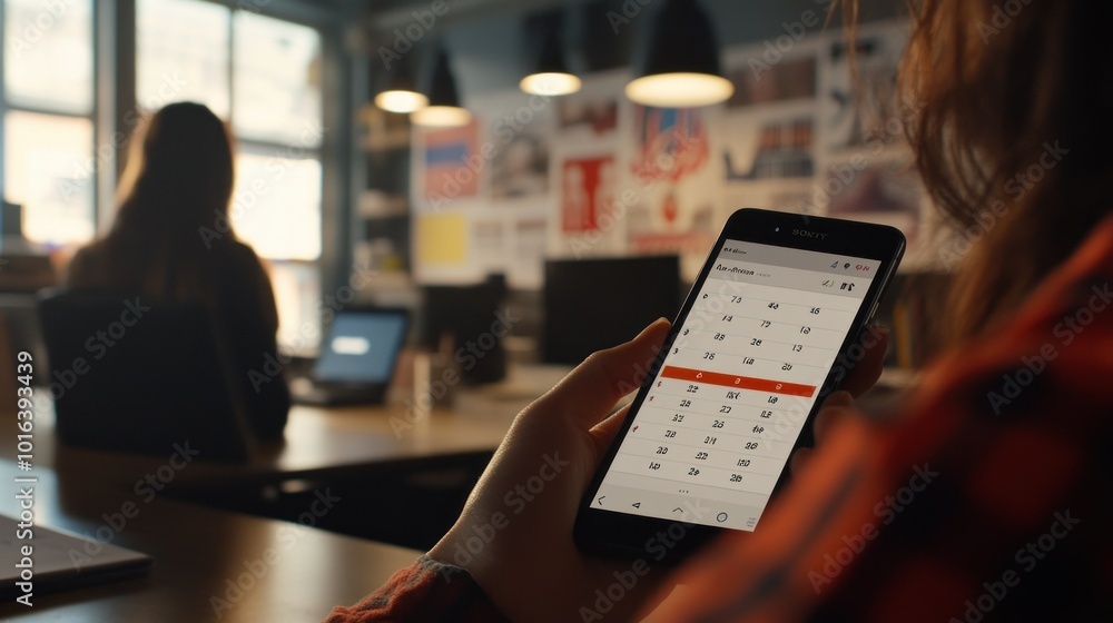 Poster a person using a smartphone in an office setting, focusing on a calendar app.