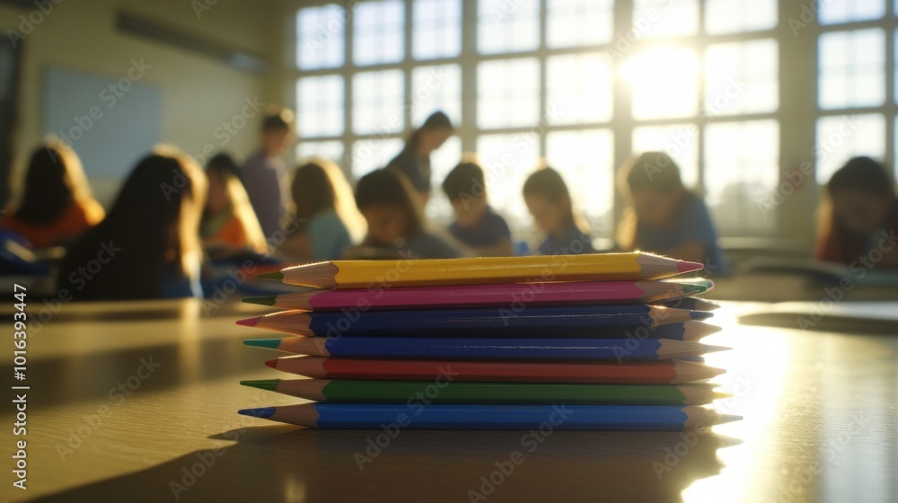 Poster a stack of colored pencils in a classroom with students working in the background.