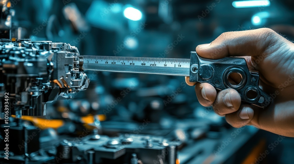 Aufkleber a hand using a caliper to measure a mechanical component in an industrial setting.