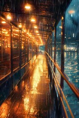Obraz premium A ferry, the interior of the deck, lights on both sides of it shining with a golden glow, water outside, a wet floor