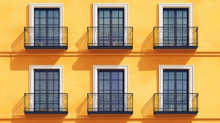 Fototapeta premium a yellow building's facade with three balconies and a lot of windows