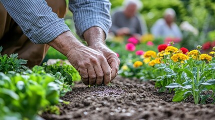 Fototapeta premium A person gardening, planting seeds among colorful flowers in a vibrant garden.