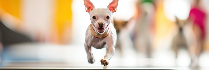 A joyful dog running energetically in a vibrant indoor setting.