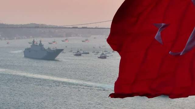 Turkish Flag ind October 29 Republic Day Celebrations (29 Ekim Cumhuriyet Bayramı Kutlamaları) Drone Video, July 15 Martyrs Bridge &Ccedil;engelk&ouml;y, &Uuml;sk&uuml;dar Istanbul, Turkey (Turkey)