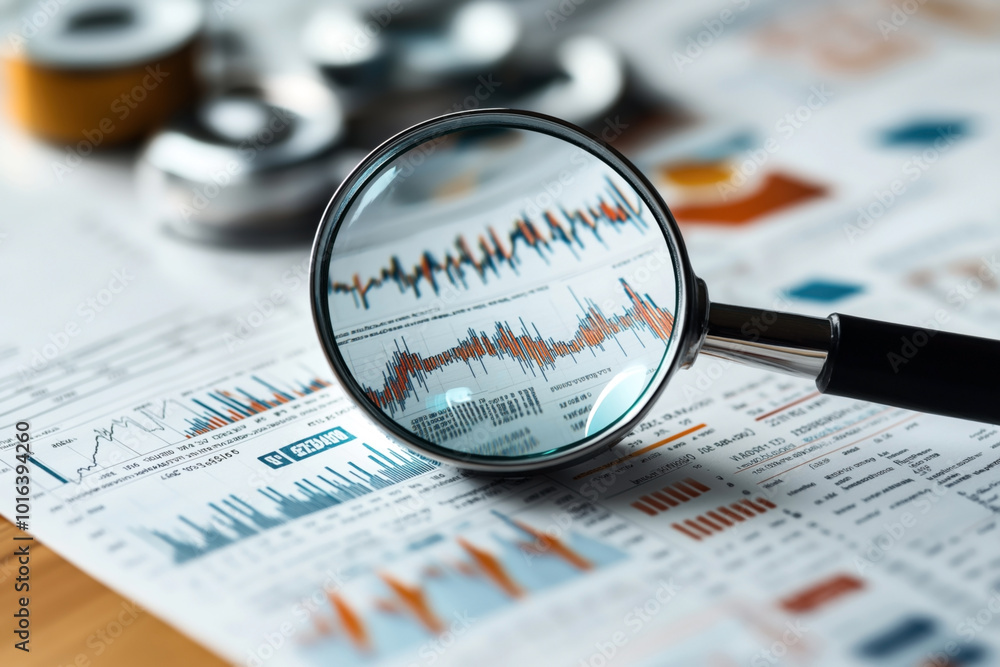 Poster Magnifying glass focusing on financial charts and graphs with data sheets. Depicts data analysis, finance, business performance, and market research.