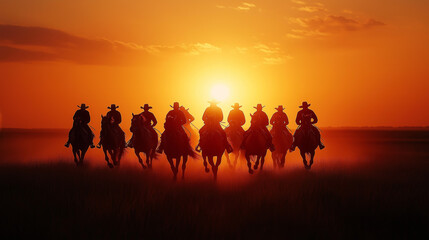 Fototapeta premium A striking image of horse riders and cowboys engaged in an epic showdown at sunset. The silhouettes galloping towards the horizon create a dramatic scene full of tension and excitement.
