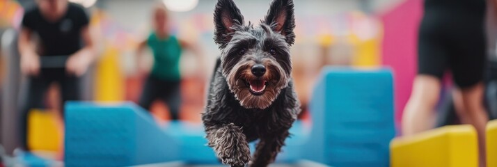 Naklejka premium A playful dog runs energetically in a gym setting with people exercising in the background.