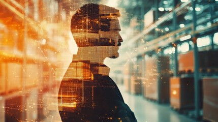 Silhouette of a man with a cityscape overlay, standing in a warehouse, symbolizing modern business and urban development.