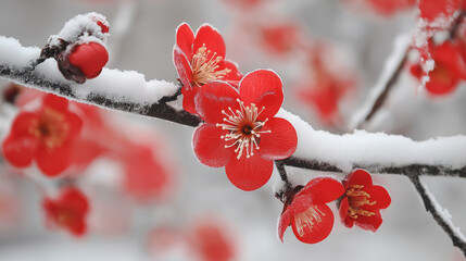 
A striking vibrant red flower blooms on a frosty branch, juxtaposed against a serene blanket of thick white snow, symbolizing resilience and beauty in the harsh winter landscape.
