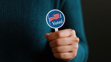 Closeup view of a hand displaying an I Voted sticker representing voter participation civic engagement and pride in the democratic election process