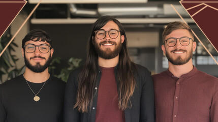 Three young men with beards and glasses stand together, smiling and looking at the camera.