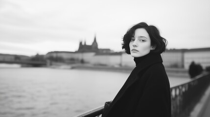 Naklejka premium Modernes slowakisches Mädchen im übergroßen Mantel am Fluss in Bratislava