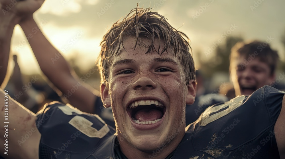 Canvas Prints A joyful young athlete celebrating victory with a big smile and a muddy uniform.