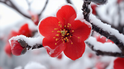 
Striking red flower on a snow-covered frosty branch in wintertime