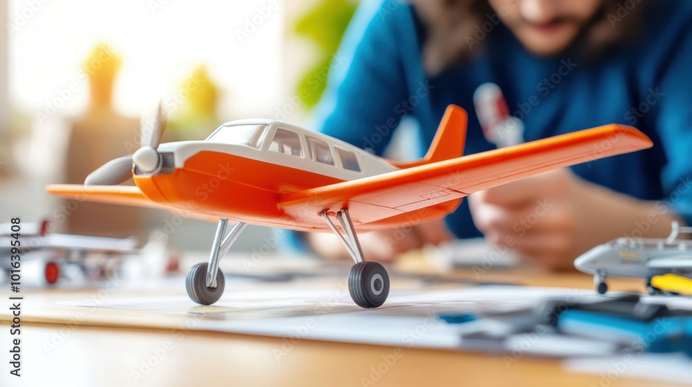 Aufkleber a close-up of a model airplane on a table with a person working on another model in the background.