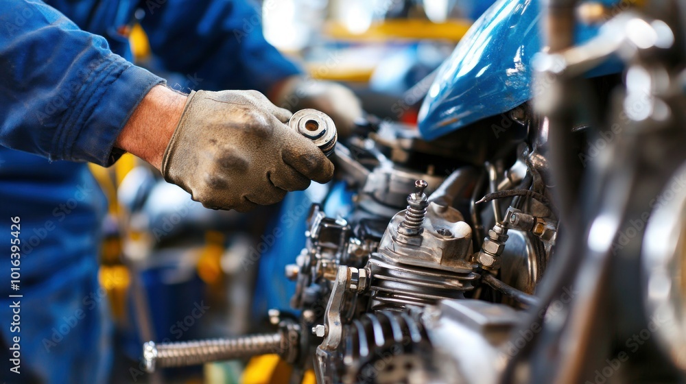 Poster a mechanic working on a motorcycle engine with tools in a workshop setting.