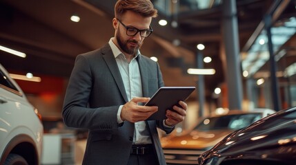 Professional car sales agent with a tablet in a luxury car showroom