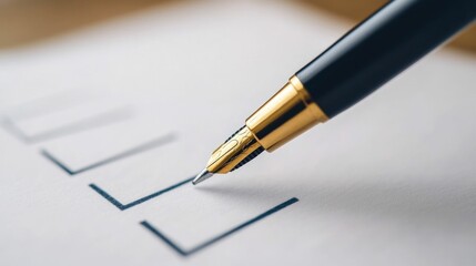 Close up shot of a pen marking a checkbox on a ballot form depicting the decision making process in an election with a deep depth of field effect for a focused and precise result