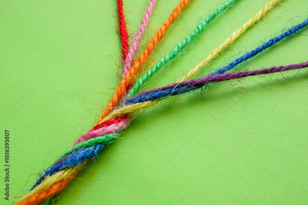 Wall mural rope twisted from multicolored threads. unity and diversity.