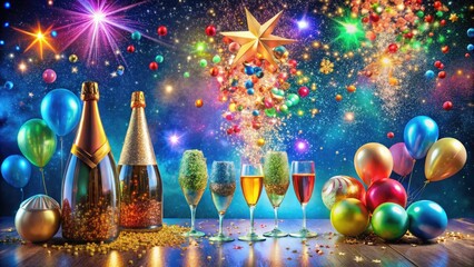 Vibrant confetti bursts amidst shimmering balloons, festive party hats, and gleaming champagne bottles, set against a bright, starry night sky, exuding joyful celebratory atmosphere.