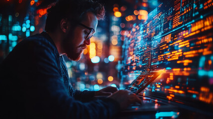 A focused individual working on a laptop amidst a vibrant urban skyline filled with digital data and glowing lights at night