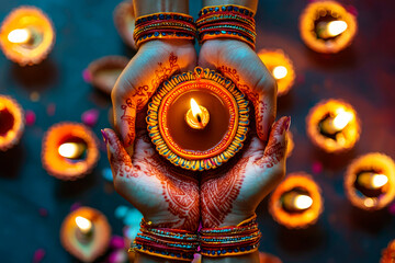 close up Women holding lit diya lamp in hands