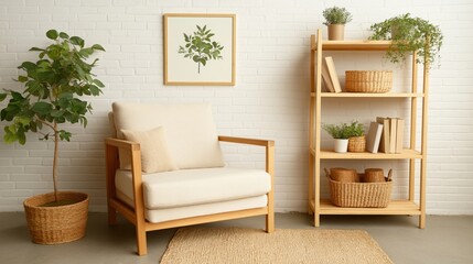 Minimalistisches Wohnzimmer-Interieur mit nat&uuml;rlichen Dekorelementen f&uuml;r fr&uuml;hlingshaftes Design