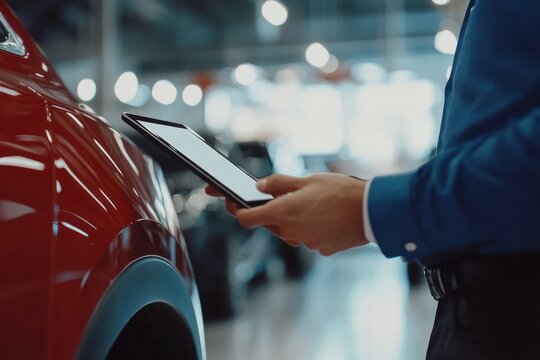 Sales consultant with a tablet assisting a customer in a car showroom
