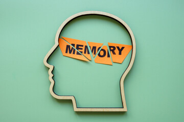 Head outline with cut memory text. Cognitive decline or memory loss.