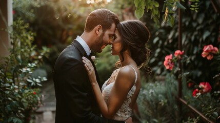 Fototapeta premium Wedding couple sharing a private moment in a garden, highlighting intimacy and love