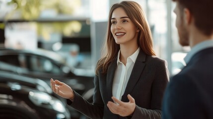 Saleswoman in a suit discussing car sales with a customer